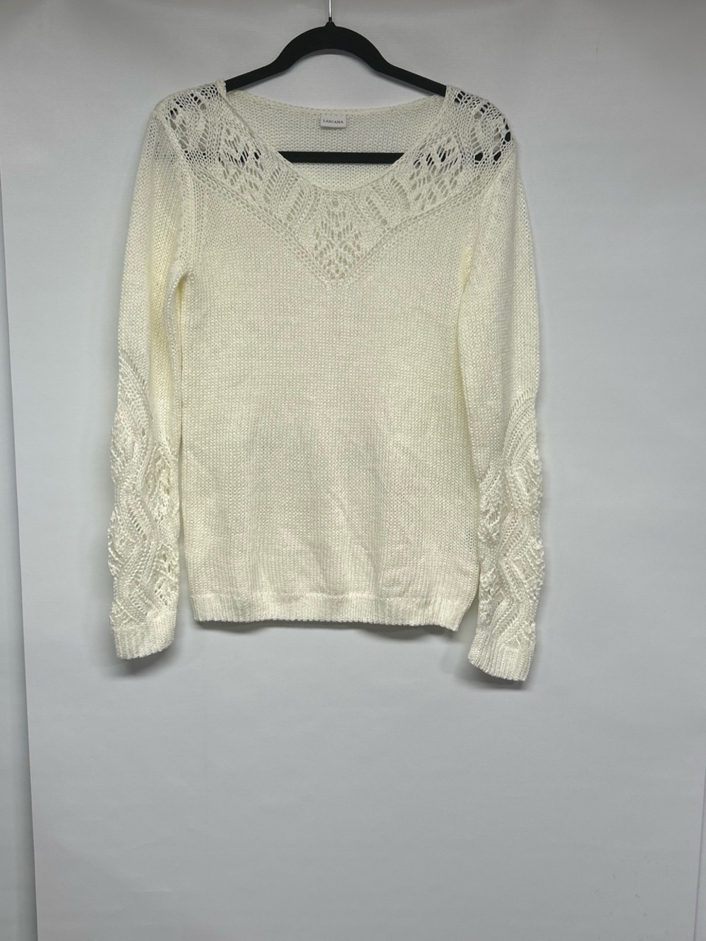 Cream V-Neck Knit Sweater with Lace Detail